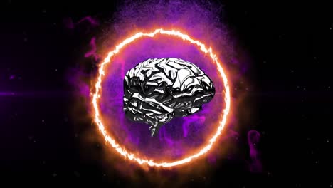Animation-of-3d-metallic-human-brain-rotating-over-glowing-purple-globe-on-black-background