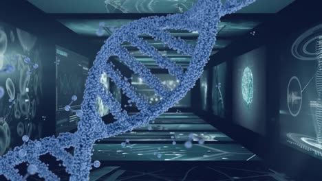 Animation-of-3D-DNA-spinning-over-screens-of-medical-scans