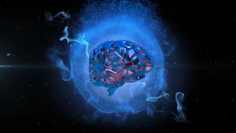 Animation-of-3d-metallic-human-brain-rotating-over-glowing-blue-globe-on-black-background