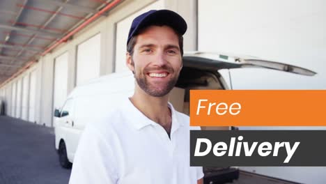 Animation-of-words-Free-Delivery-written-in-white-on-orange-and-grey-banners-with-male-van-drive