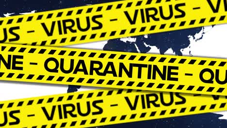 Animation-of-the-words-Quarantine-and-Virus-written-on-yellow-tape-over-world-map