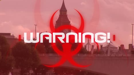 Animation-of-the-word-Warning!-written-over-red-health-hazard-sign-with-cityscape-in-the-background.