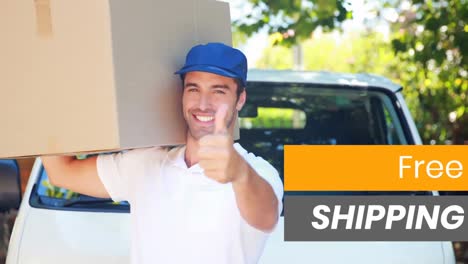 Animation-of-the-words-Free-Shipping-written-over-delivery-man-holding-a-cardboard-box