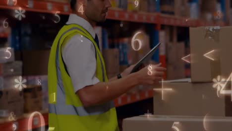 Animation-of-man-working-in-a-warehouse-and-using-a-tablet-with-numbers-icons
