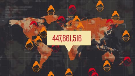 Animation-of-the-world-map-over-red-and-orange-icons-and-a-bubble-speech