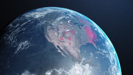 Animation-Des-Planeten-Erde,-Der-Sich-Dreht,-Und-Der-Länder,-Die-Durch-Kreise-In-Einem-Blauen-Da-Rot-Werden