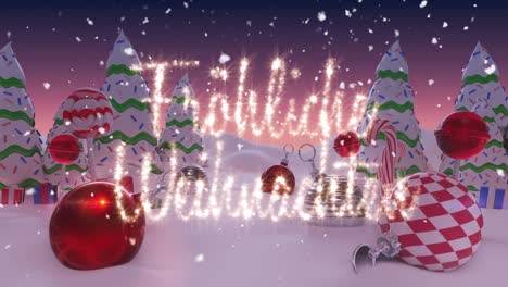 Animation-of-German-Christmas-Message-written-in-shiny-letter-on-snowy-landscape-with-Christmas-bal