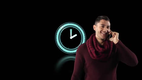 Animation-of-mixed-race-man-wearing-red-scarf-talking-on-his-smartphone-with-digital-clock-icon-in-b