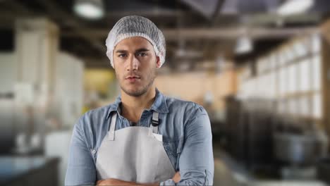 Caucasian-man-wearing-a-protective-cap-and-white-apron-In-a-warehouse
