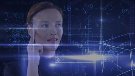 Animation-of-thoughtful-Caucasian-woman-looking-at-floating-mathematics-formulae