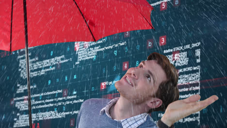 Animation-of-Caucasian-man-using-an-umbrella-with-processing-data-appearing-in-background