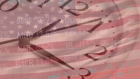 Stock-market-data-processing-and-clock-ticking-against-US-flag