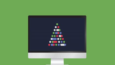 Digital-Christmas-tree-on-computer-screen-against-green-background