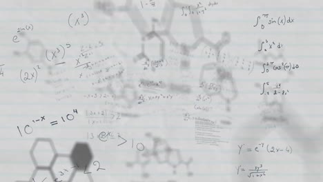 Chemical-structures-and-mathematical-equations-against-white-lined-paper