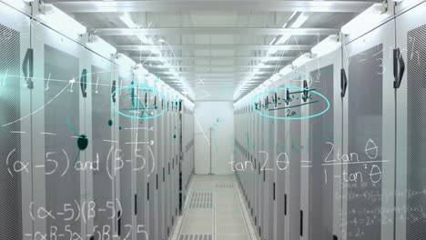 Mathematical-equations-and-molecular-structures-against-empty-server-room