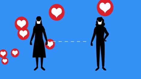 Mehrere-Herzsymbole-Bewegen-Sich-Gegen-Eine-Frau-Mit-Gesichtsmaske,-Die-Soziale-Distanz-Aufrechterhält
