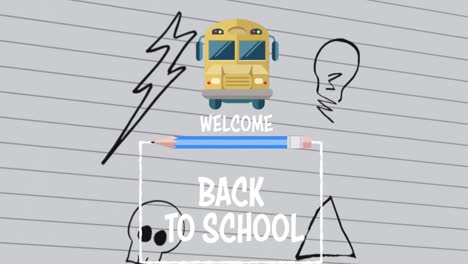 Welcome-back-to-school-text-against-drawings-on-white-lined-paper