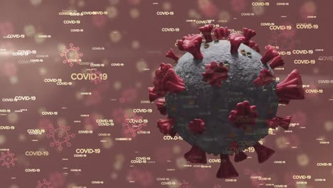 3D-Coronavirus-Covid-19-Zelle-Dreht-Sich-Mit-Mehreren-Covid-19-Symbolen-Und-Text,-Der-Sich-Auf-Rotem-Hintergrund-Bewegt