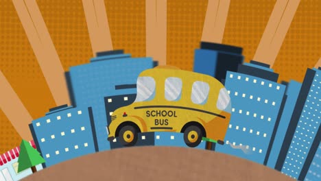 School-bus-moving-against-cityscape-in-background