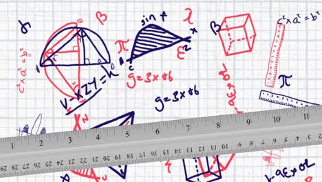 Ruler-against-mathematical-equations-and-diagrams-on-square-lined-paper