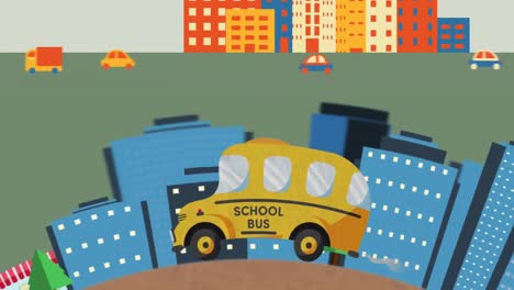 School-bus-moving-against-cityscape-in-background