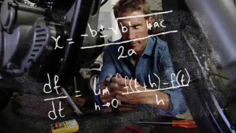 Animation-of-mathematical-equations-with-man-repairing-wheel-of-his-motorbike