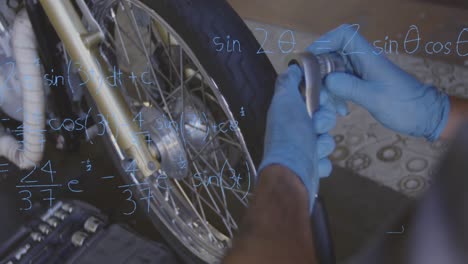 Animation-of-mathematical-equations-with-man-repairing-wheel-of-his-motorbike