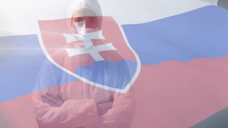 Slovakian-flag-waving-against-female-scientist-wearing-protective-clothes