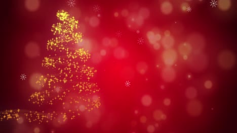 Snowflakes-falling-on-glowing-Christmas-trees-against-glowing-spots-on-red-background