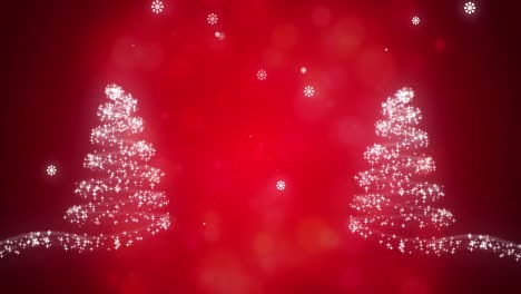 Snowflakes-falling-on-glowing-Christmas-trees-against-red-background