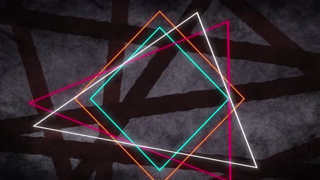 Multiple-neon-triangle-shapes-against-dark-lines-on-grey-background