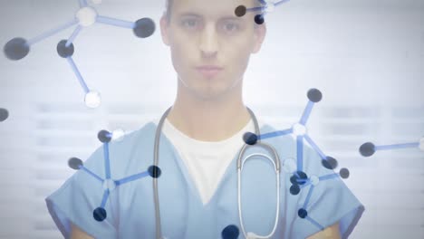 Molecular-structure-moving-against-portrait-of-male-health-worker-with-stethoscope-around-his-neck-w