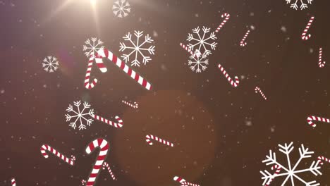 Digitale-Animation-Mehrerer-Zuckerstangen-Und-Schneeflocken,-Die-Gegen-Lichtpunkte-Fallen