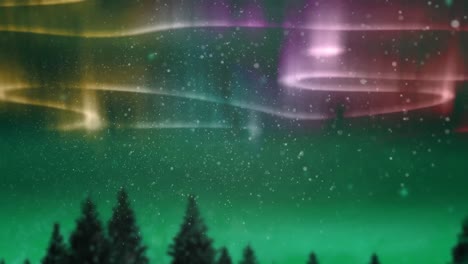 Animation-of-aurora-borealis-glowing-trails-in-yellow-and-pink-over-landscape-and-snow-falling-on-gr