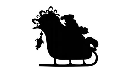 Digital-animation-of-black-silhouette-of-santa-claus-in-sleigh-against-white-background