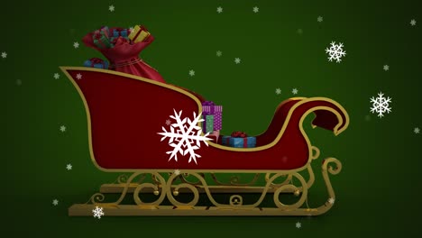 Digital-animation-of-snow-flakes-moving-over-christmas-gift-boxes-in-sleigh-against-green-background