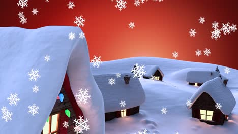 Digitale-Animation-Von-Schneeflocken,-Die-über-Mehrere-Häuser-In-Einer-Winterlandschaft-Vor-Orange-Fallen