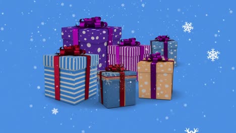 Digital-animation-of-snow-falling-over-multiple-christmas-gift-boxes-against-blue-background