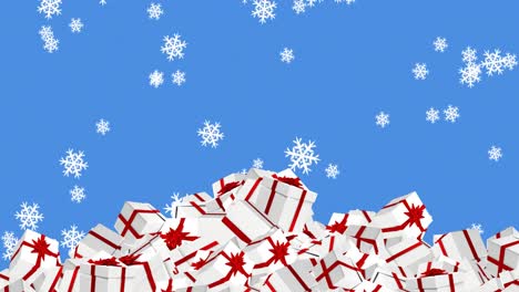 Digital-animation-of-snowflakes-falling-over-multiple-christmas-gift-boxes-against-blue-background