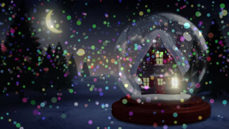 Animation-Einer-Weihnachtlichen-Schneekugel-Mit-Haus-Und-Schwebenden-Punkten