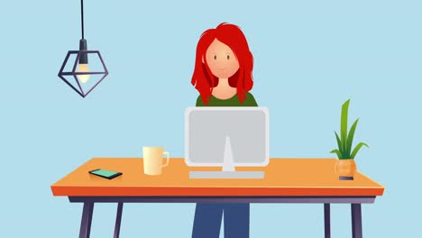 Animación-De-Una-Mujer-Usando-Una-Computadora-Portátil-Sobre-Fondo-Azul