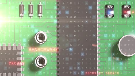 Animation-of-virus-warning-over-computer-circuit-board-and-binary-coding-on-green-background