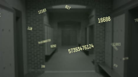 Digital-composition-of-yellow-changing-numbers-floating-against-empty-school-corridor