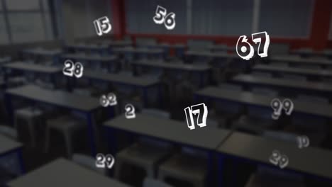 Digital-composition-of-multiple-mathematical-numbers-moving-against-empty-classroom-in-bakground