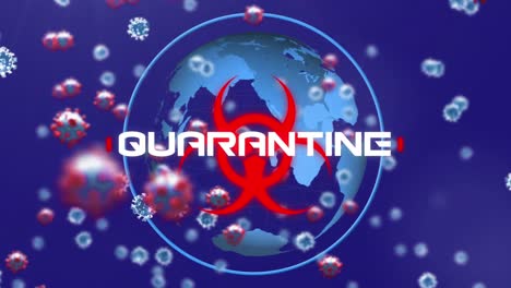 Animation-of-3d-covid-19-cells-floating-over-quarantine-text-against-globe