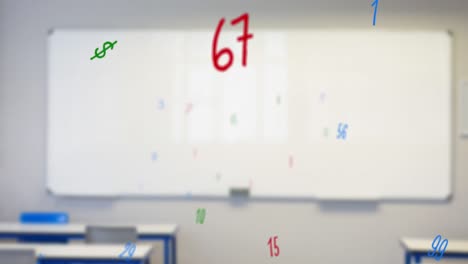 Digital-composition-of-changing-numbers-and-symbols-floating-against-empty-classroom