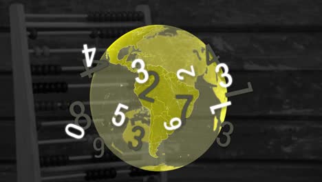 Digital-composition-of-numbers-changing-over-globe-against-abacus-in-background