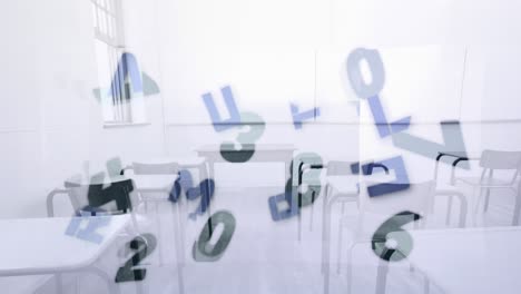 Digital-composition-of-changing-numbers-and-alphabets-floating-against-empty-classroom