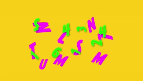 Digital-animation-of-changing-numbers-and-alphabets-floating-against-yellow-background