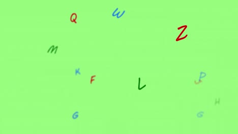 Digitale-Animation-Mehrerer-Bunter-Englischer-Alphabete,-Die-Vor-Grünem-Hintergrund-Schweben